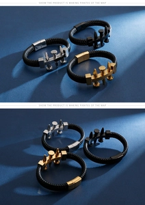 Detailed view of woven black leather bracelets with nail hardware in gold, silver, and black