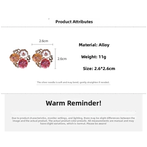 Detailed size view of floral stud earrings with dimensions and material specifications