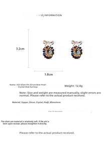 Detailed size specifications for pearl bow earrings with zircon and silver pins