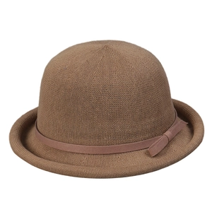 Vintage dark brown knit bowler hat for women with bow detail on white background