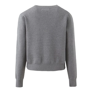 Rear view of grey long-sleeved knitted cardigan with fine rib texture and sleek fit