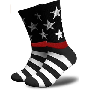 Thin Red Line American Flag mid-calf socks with white stars on black background
