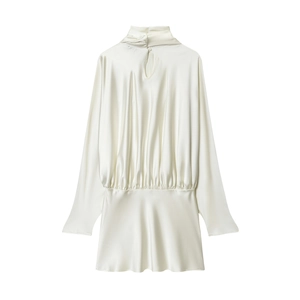 Detail of white satin long sleeve dress showing high neck and button closure at the back