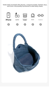 Top view of blue woven handbag showing internal pocket and daily essentials capacity