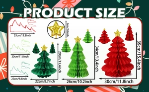 Detailed size chart for 3D honeycomb paper Christmas trees in various heights and widths