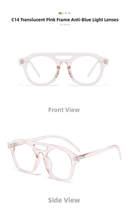 Detailed front and side view of transparent pink double bridge anti-blue light glasses