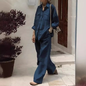 Women's two-piece navy blue outfit with long sleeve shirt and wide leg loose trousers