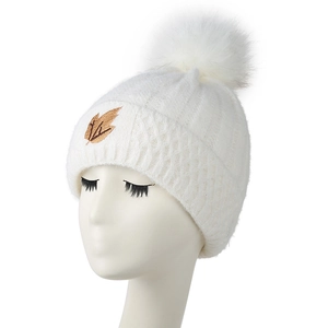 Winter white knit beanie for women with fur pompom and gold leaf embroidery detail
