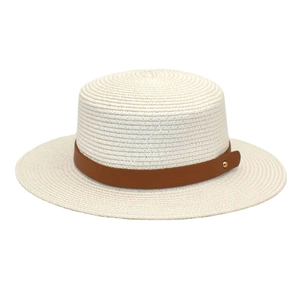 White flat-top straw sun hat with brown leather band and gold buckle on white background
