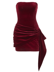 Elegant dark red velvet strapless mini dress with ruched details and hanging ribbons