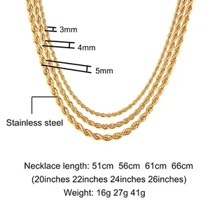 Stainless steel rope chain necklace size chart in 3mm 4mm 5mm widths and 20-26 inch lengths