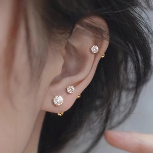 Minimalist Stainless Steel Zirconia Stud Earrings For Women Gold Plated Shiny Geometric Round Claw Prong Jewelry Gift