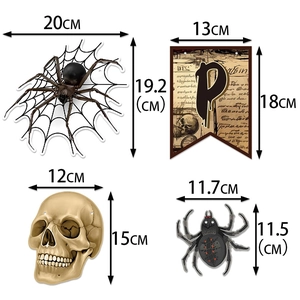 Detailed size specifications for Halloween skull, spiders, and bunting party decorations
