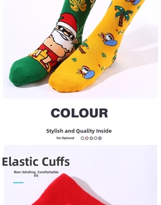 Detail of Christmas cotton socks showing elastic cuffs and festive holiday patterns