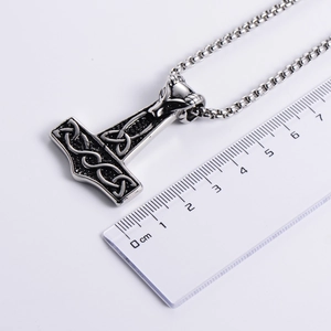 Viking Mjolnir pendant with Celtic knots in silver finish on beaded chain, 4.5cm height