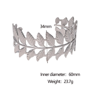 Silver leaf shaped open cuff bracelet with dimensions 60mm diameter and 34mm height