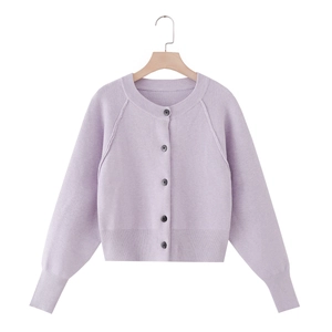 Women Knitted Cardigan Crew Neck Long Sleeve Button Up Light Purple Solid Color Sweet Casual Soft Polyester Blend Outerwear