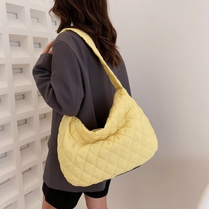Quilted lemon yellow puffer tote bag for women with large capacity and soft nylon finish