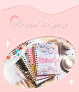 Detail of A5 spiral notebooks with aesthetic cherry blossom and pink mountain cover art