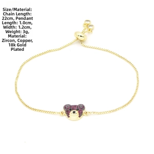 Detail of 18k gold plated bear bracelet with dimensions showing length 22cm and zircon inlay
