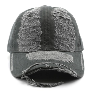 Vintage washed charcoal baseball cap with heavy distressed details and ripped brim