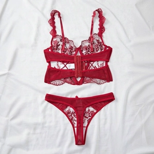 Close-up of red lace lingerie set with floral embroidery and ruffle straps on white fabric