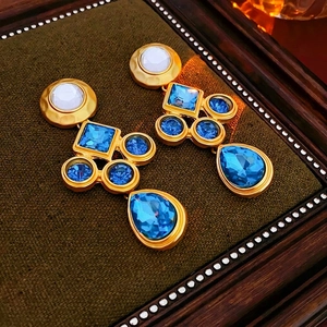 Vintage Palace Style Geometric Drop Earrings With Silver Earring Post Copper Alloy Colorful Rhinestone Jewelry For Women