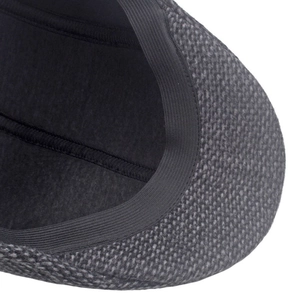 Detailed macro view of gray wool blend hat with high-elastic black sweatband and lining