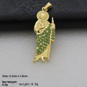 Saint Jude pendant in gold finish with green rhinestones, size 5.2cm x 1.8cm, net weight 8.0g