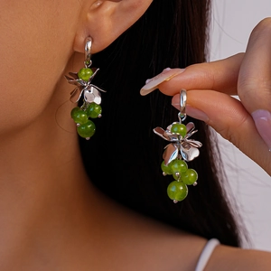 Green Grape Cluster Dangle Earrings With Flower Top And 925 Sterling Silver Earring Post Chic Vintage Jewelry For Women
