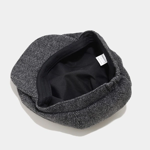 Retro grey herringbone twill newsboy cap with warm 100% polyester fabric and soft lining
