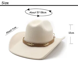 Detailed size guide for beige western cowboy felt hat showing 9cm brim and 12cm height