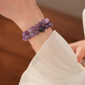 Elegantes zweilagiges Amethyst-Armband mit polierten lila Kristallperlen für Damen
