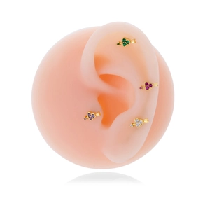 Arrow heart stud earrings with colorful cubic zirconia on silicone ear model