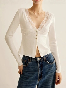 Women Long Sleeve T-Shirt V-Neck Lace Trim Ribbed Knit Button Down Slim Fit Sexy Crop Top Spice Girl Style White