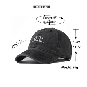 Detail view of washed grey cotton baseball cap with embroidered dog and size parameters