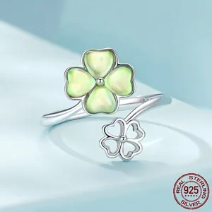 Elegant s925 sterling silver open ring with green lucky clover design for women