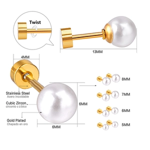 Detail of gold plated stainless steel pearl studs with screw back and cubic zirconia