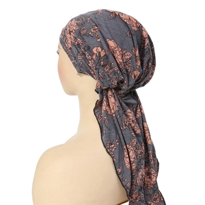 Floral print long tail headscarf turban cap in gray and pink for women outdoor