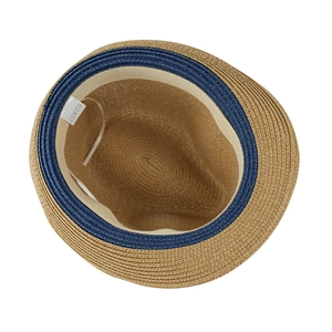 Detail view of woven straw hat interior featuring sweatband and adjustable drawstring