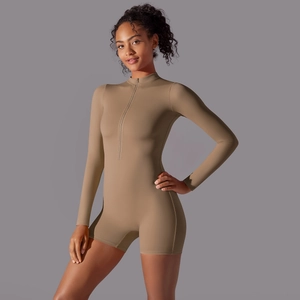 Detail of khaki long sleeve romper with front zipper and stand collar for fitness