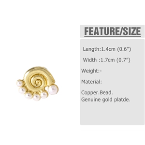 Detail showing dimensions and material of gold seashell pearl earrings with copper plating