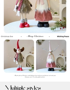 Close-up of reindeer Christmas plush dolls with faux fur and corduroy textures in a warm scene