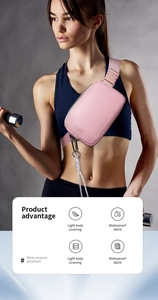 Pink waterproof crossbody waist bag shown in fitness setting with lightweight material detail