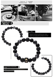Detail of onyx and obsidian beaded bracelet featuring an octagonal star steel charm