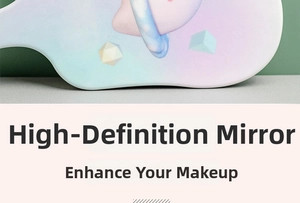 Close-up of portable tooth-shaped hand mirror with dreamy gradient planet illustration