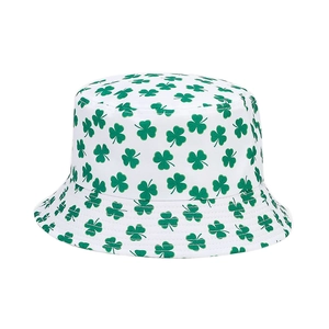 Unisex white bucket hat with green clover print for outdoor sun protection and stylish travel