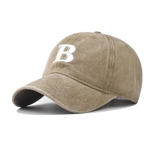Vintage washed khaki cotton baseball cap featuring white embroidered letter B design