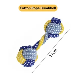Macro detail of 17cm braided cotton dumbbell dog chew toy in yellow and blue weave