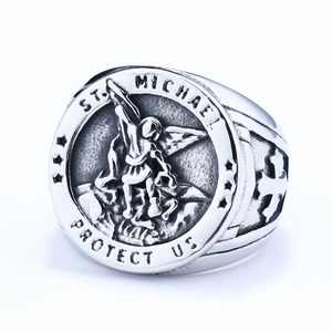 Mens vintage stainless steel St. Michael relief seal ring with cross side engraving